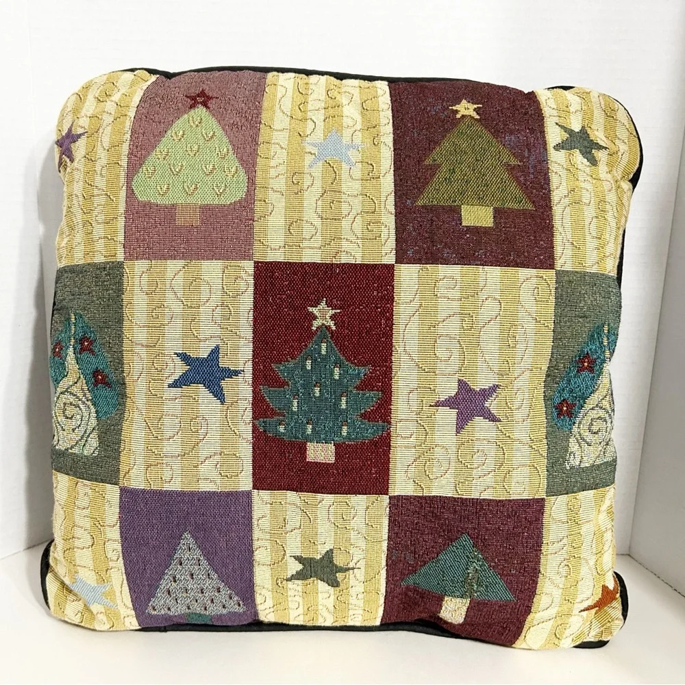 Unbranded Vintage Christmas Tree and Star Tapestry Holiday Pillow with Cord Trim